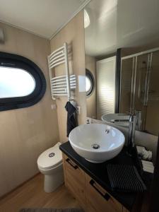 ein Badezimmer mit einem weißen Waschbecken und einem WC in der Unterkunft Hausboot Lore in Duisburg