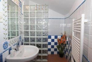 a bathroom with a sink and blue and white tiles at Apartamentos Pirineos Ordesa in El Pueyo de Araguás +62 photos