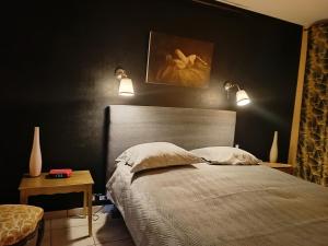1 dormitorio con 1 cama y 2 luces en la pared en Maison de 2 chambres avec jacuzzi jardin clos et wifi a Lisle sur Tarn, en Lisle-sur-Tarn