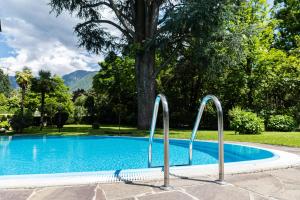 a swimming pool with two metal rails next to a tree at Flow Apartments Astoria in Merano