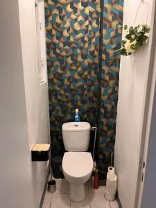 een kleine badkamer met een toilet in een kamer bij Superbe appartement avec magnifique vue sur Paris in Sucy-en-Brie
