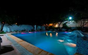 uma grande piscina à noite com luzes azuis em Tuskars Riverside Resort Jim Corbet em Rāmnagar