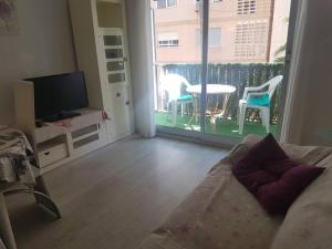 Il comprend un salon avec un canapé, une télévision et un balcon. dans l'établissement Orly Pobla de Farnals playa, à Las Canteras