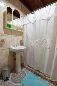 baño con lavabo y cortina de ducha en Departamento Casimiro-Nuevo Amplio en Zona Centro en El Calafate