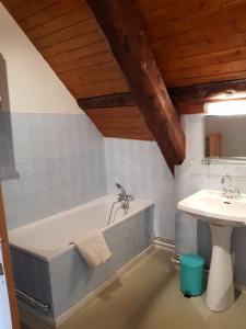 Chalet Le Sambuis في Saint-Colomban-des-Villards: حمام مع حوض استحمام ومغسلة