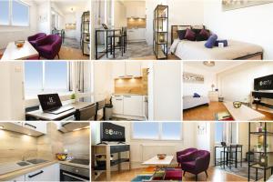 a collage of photos of a bedroom and a hotel room at HOMEY INFINITY New/Centre/proche Genève in Annemasse