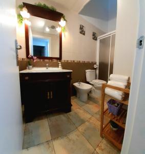 a bathroom with a sink and a toilet and a mirror at Villa Flor de Loto in Palazuelos