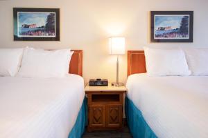 a hotel room with two beds and a table with a lamp at Riotel Perce in Perce