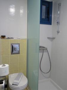 a bathroom with a shower with a toilet and a sink at Horizon Beach Hotel in Plakias