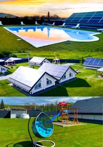 due foto di una casa con piscina e parco giochi di Canada a Berehove