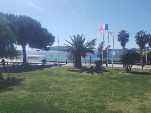 um parque com palmeiras e um corpo de água em studio terrasse em Toulon