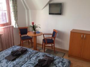 um quarto com uma cama, uma mesa e cadeiras em Pension Orbis em Mariánské Lázně