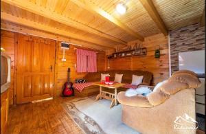 een woonkamer met een bank en een tafel in een hut bij Mountain House Komovi in Andrijevica