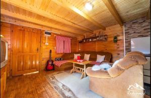 ein Wohnzimmer mit einem Sofa und einem Tisch in einer Hütte in der Unterkunft Mountain House Komovi in Andrijevica
