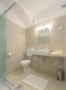 La salle de bains est pourvue de toilettes, d'un lavabo et d'une douche. dans l'établissement Old Town Petkovšek Apartments, à Ljubljana