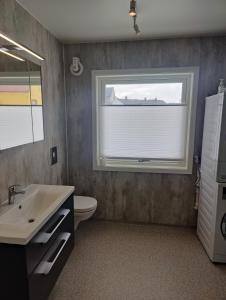 Un baño con lavabo, inodoro y ventana. en Hurthi Apartment - Blue House, en Vardø