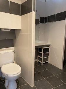 ein Badezimmer mit einer weißen Toilette in einem Zimmer in der Unterkunft Villa bord de mer in Torreilles + 19 Fotos