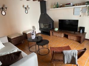 sala de estar con sofá y chimenea en Vivienda turística La Caldera, en Soria