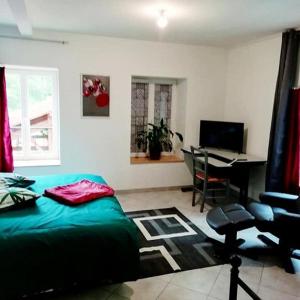 a bedroom with a bed and a desk and a table at Auberge du pèlerin in Saint-Vincent