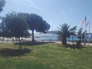 um parque com árvores e a praia ao fundo em studio terrasse em Toulon