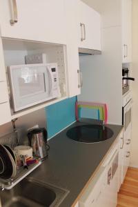 a kitchen with a sink and a microwave at Two Top Central Unique Artisan Beach Studios - also separate spa cabin in Brighton & Hove
