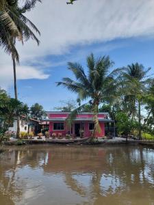 een roze huis met palmbomen naast een waterlichaam bij Pink Homestay D'Perlis in Kangar