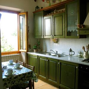 cocina con armarios verdes, fregadero y mesa en Casa Martellina - Holiday Home, en Bagno a Ripoli