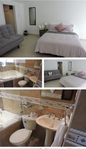 two pictures of a bedroom with a bed and a bathroom at Casa Coffice in Bogotá