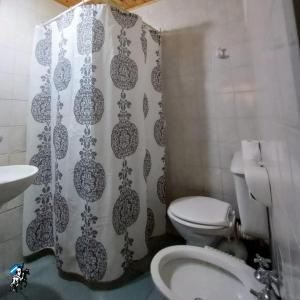 a bathroom with a toilet and a shower curtain at Don Romulo in Tupungato