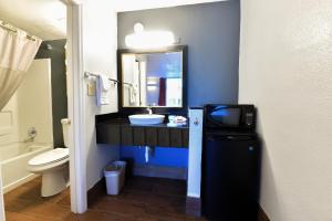 a bathroom with a sink and a toilet and a mirror at OYO Hotel Valdosta GA I-75 in Valdosta