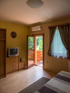 a bedroom with a bed and a tv and a sliding glass door at Aqua Apartman in Gyula