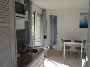una cucina con lavandino e tavolo con forno a microonde di Cabane Blanche a Andernos-les-Bains