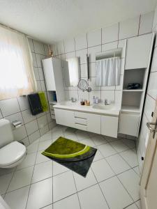a bathroom with a toilet and a green rug on the floor at Maisonette Franz in Vals