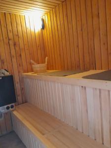 a room with a wooden wall with a wooden shelf at Dreamcatcher in Straupe