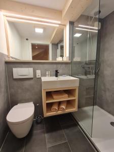 a bathroom with a toilet and a sink and a shower at Allgäuer Heimat in Rettenberg