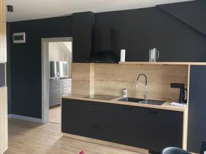 a kitchen with a sink and a counter top at Rybacka in Augustów
