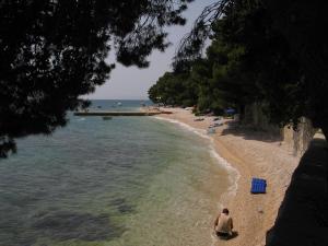a man sitting on a beach next to the water at Ge-Ni Mala Duba 86 in Živogošće