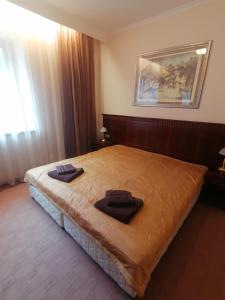 1 dormitorio con 1 cama con 2 toallas en Апартамент за гости Мая Downtawn Банско, en Bansko