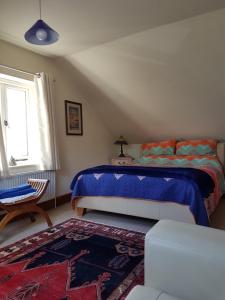 a bedroom with a bed with blue sheets and a rug at Norwegian Wood in Paignton