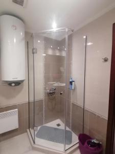 um chuveiro com uma porta de vidro na casa de banho em Апартамент за гости Мая Downtawn Банско em Bansko