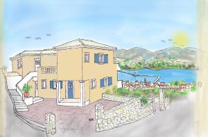 dessin d'une maison avec un mur en pierre dans l'établissement Antigone Apartments Argostoli (Spilia) 4, à Argostóli