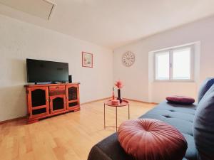 a living room with a blue couch and a flat screen tv at Sea View Apartments Piran in Piran