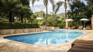 una piscina en un patio con palmeras en Pousada Villa Campestre, en Santo Antônio do Pinhal
