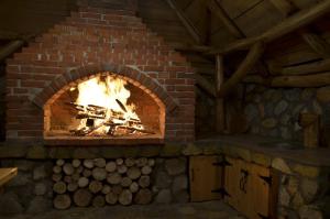 a brick oven with a fire in it at Vila Šapat šume in Ljuboš