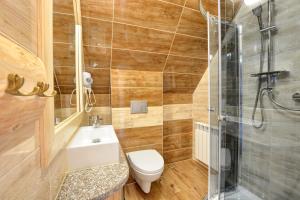 a bathroom with a toilet and a sink and a shower at Dom Pod Lipą in Brzegi