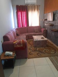 a living room with a pink couch and a table at Al Karawan Hotel Apartments in Amman