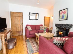 a living room with a red couch and a fireplace at Siskin in Machynlleth