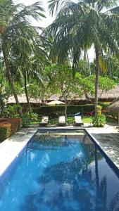 a swimming pool with two chairs and palm trees at Mama Bella's Retreat in Senggigi 