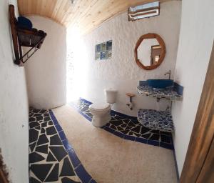 a bathroom with a toilet and a sink and a mirror at Tierra Activa Alojamiento Eco Rural finca orgánica y agroturística in San Agustín