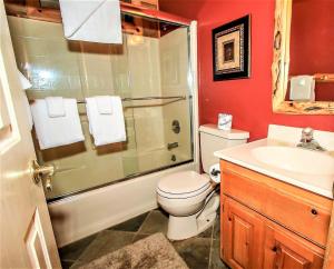 a bathroom with a shower and a toilet and a sink at Knotty and Nice-177 by Big Bear Vacations in Big Bear Lake +18 photos